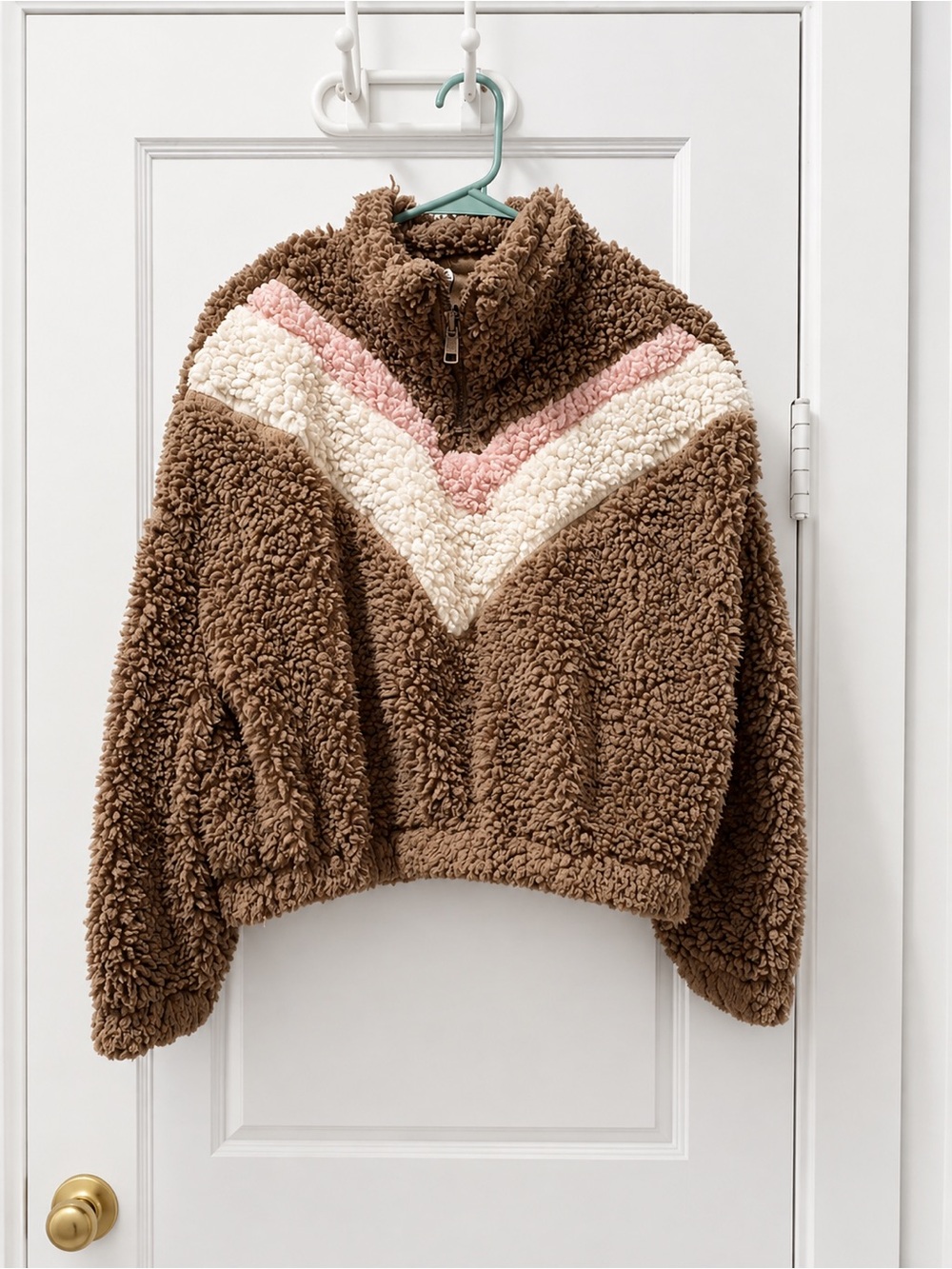 FAVLUX Brown Teddy Sherpa Cropped Quarter-Zip Pullover — M